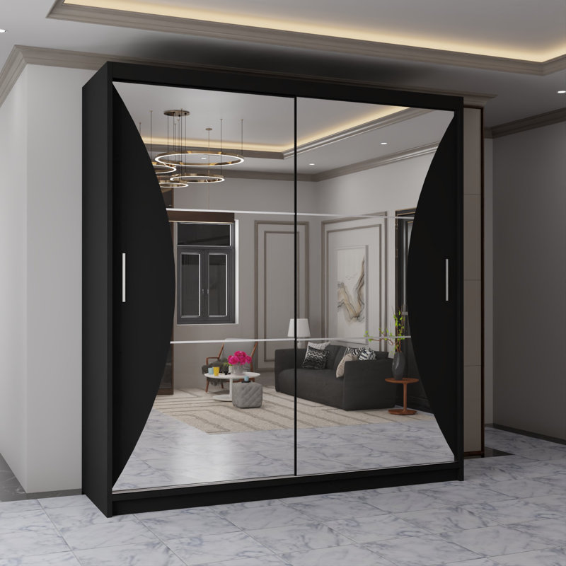 Modern 2 Door Sliding Mirror Wardrobe – Stylish Bedroom Storage in 2 Sizes and 3 Colours, 217cm H x 203cm W x 62cm D, Black