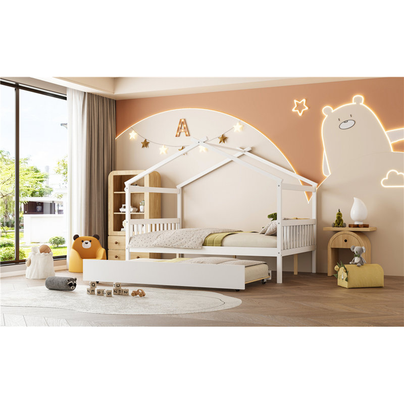Lit double en bois avec lit gigogne simple, blanc (VIEUX SKU: LP000305AAK), Blanc