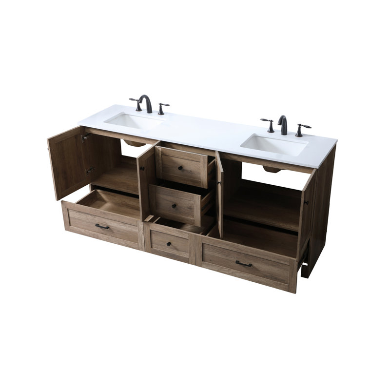 Meuble-lavabo double 72 po avec plateau en marbre d'ingénierie Soma, Chêne naturel