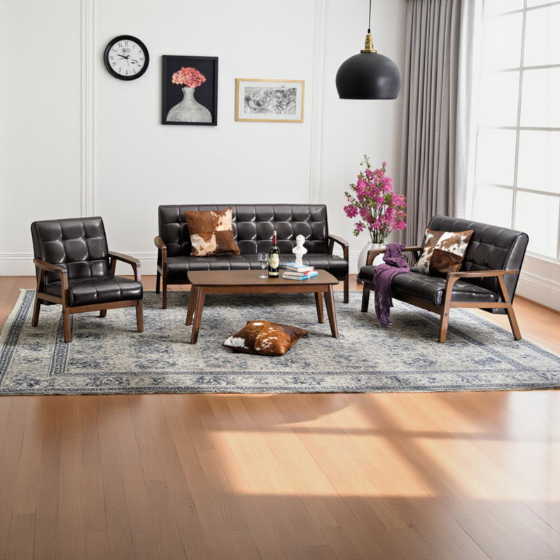 Ensemble de salon en similicuir 3 pièces, finition bois brun, H 30,59 po x l 63,62 po x P 26,94 po, Simili cuir brun foncé