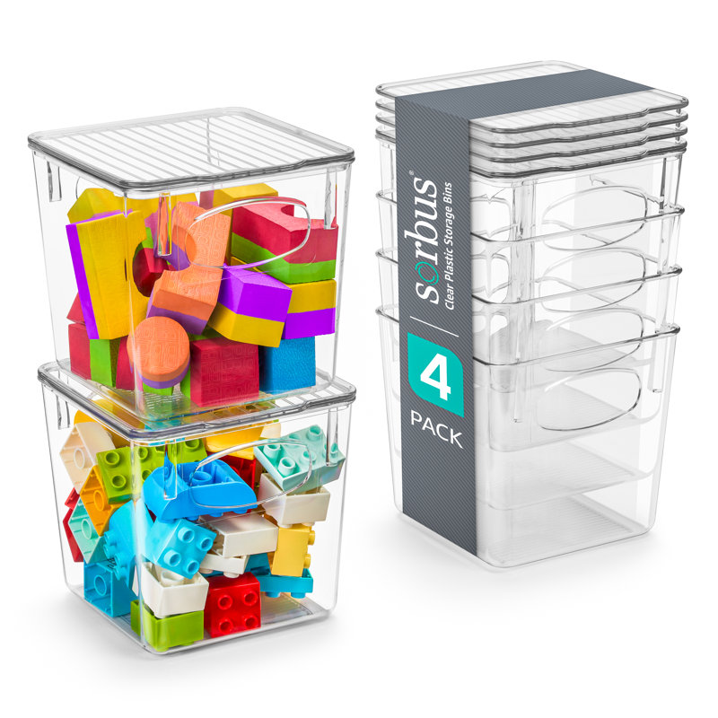 Sorbus 4 Pack Small Toys Storage Containers with Lids and Handles
