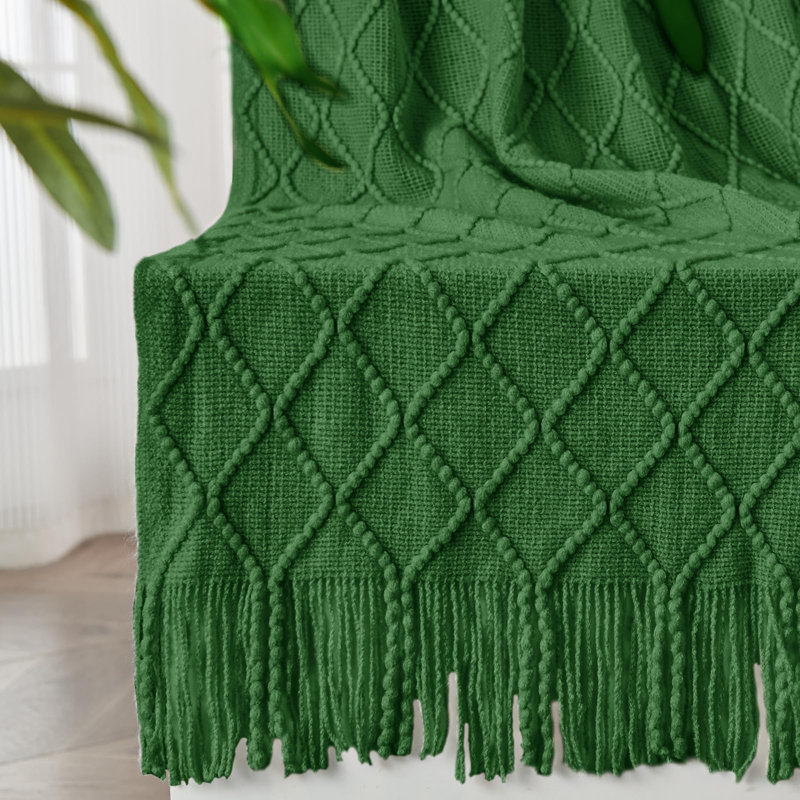 Knitted Blanket with Tassel Trim, Green