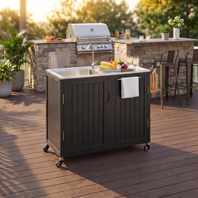 40" Solid Wood Outdoor Kitchen Island with 304 Stainless Steel Sink and Storage Cabinet - Rolling BBQ Prep Station for Patio and Backyard