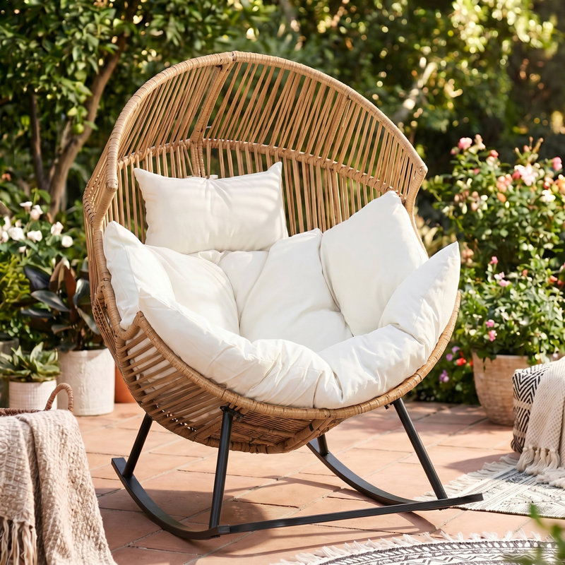 Fauteuil à bascule d'extérieur avec coussin Calcedonio, Beige / Naturel