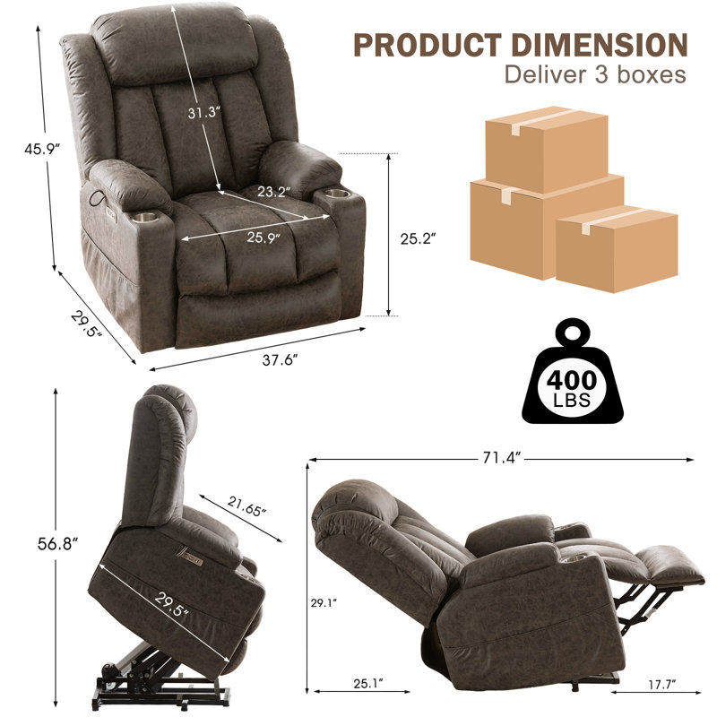 Fauteuil inclinable électrique en cuir Zisel l 37,6 po avec massage et chaleur, Gris