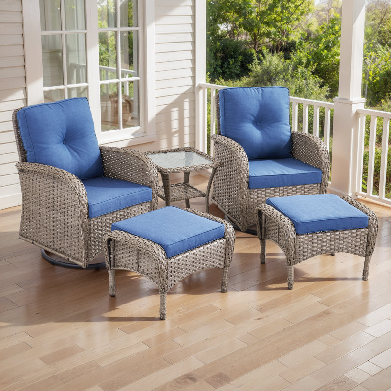 Ensemble de chaises pivotantes d'extérieur en rotin 5 pièces avec repose-pieds Esquer, Bleu