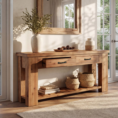 Table basse 63 po avec 2 tiroirs et tablette à lattes ouverte