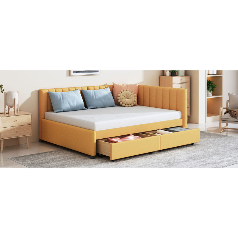 Linen Upholstered Daybed In Yellow With 2 Drawers, No Box Spring, Long-Lasting Base Bed Storage Fabric, Stable Frame, Spring