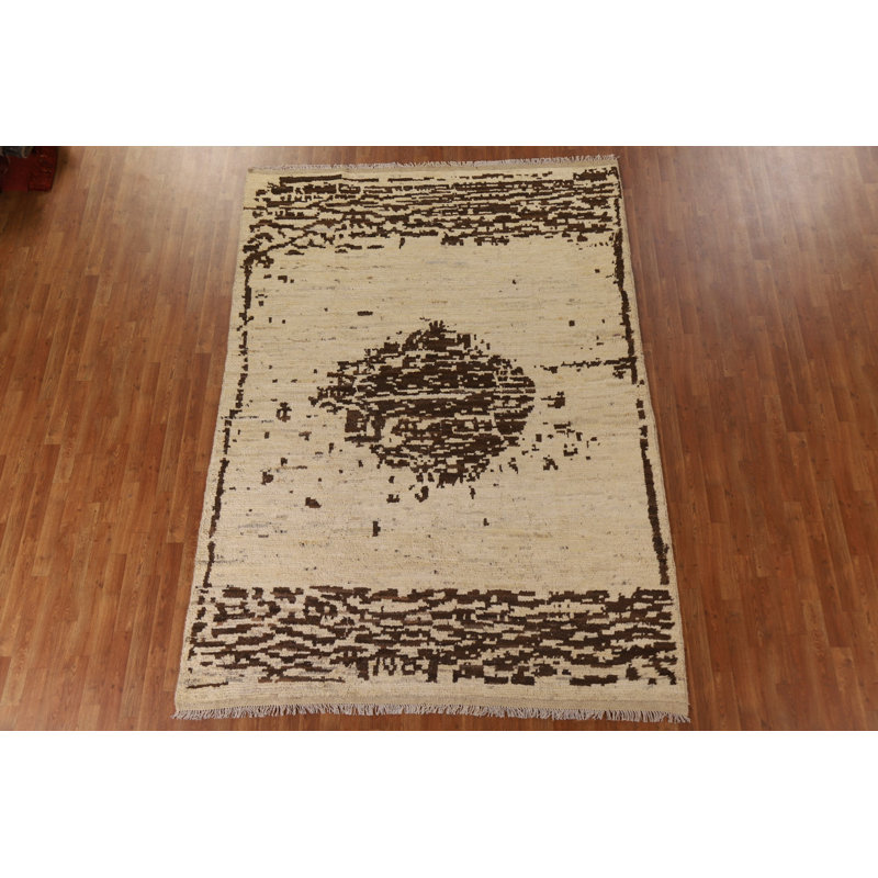 Tapis brun / noir en laine noué à la main de conception unique 6 pi 11 po x 9 pi 8 po New Age