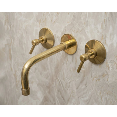 Handcrafted Unlacquered Brass Wall Mounted Bathroom Faucet With Lever Handles