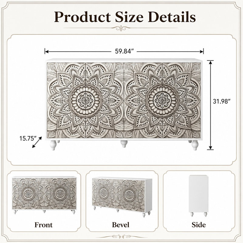 Buffet bohème mandala en relief 3D, dosseret à 4 portes avec charnières à fermeture douce par simple pression, étagères de rangement intérieures réglables et pieds en bois tourné