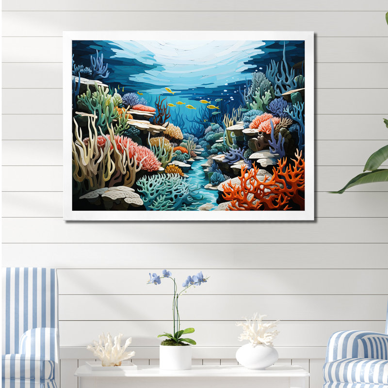 Rêve de récif marin sous l'eau, H 16 po x l 32 po x P 1 po, Cadre de coin blanc fermé