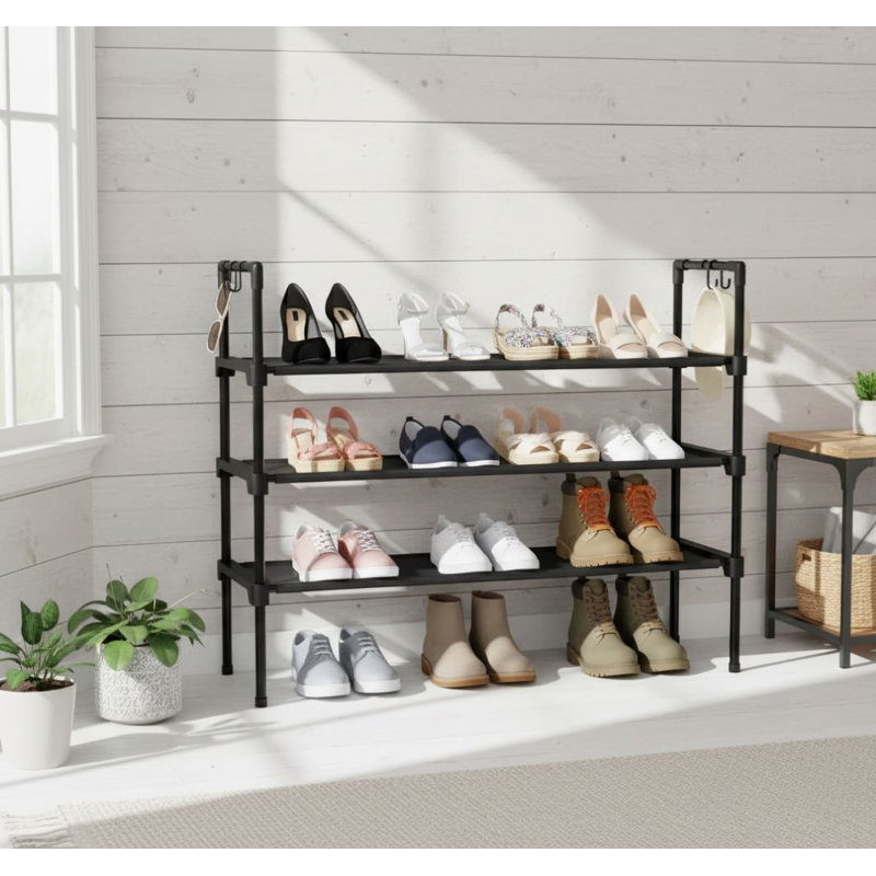Range-chaussures long à 3 niveaux avec 5 crochets, rangement empilable pour vestibule et petits espaces, Noir