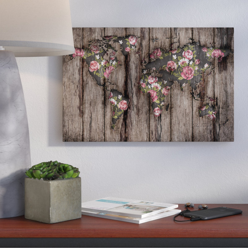 « mapamundi à fleurs en bois », reproduction, H 18 po x l 26 po x P 1,5 po, Toile