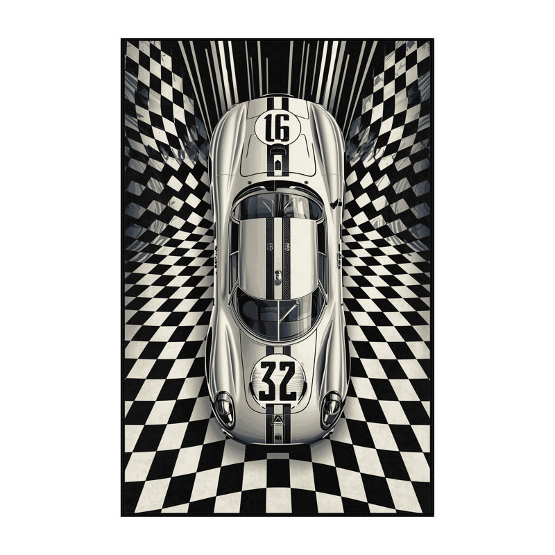Machine Washable Eldred Retro Race Car Retro Checkered Rug in Black – Black Binding, 8x10