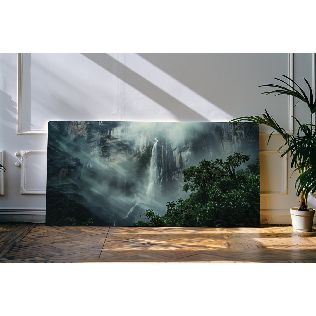 Gerahmtes Bild auf Leinwand 120x60cm Klippe Felsen Wasserfall Natur Berg Nebel