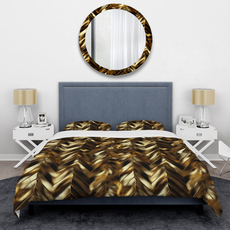 Motif à chevrons doré doré et noir de luxe I - ensemble de housse de couette à chevrons - polyester en microfibre