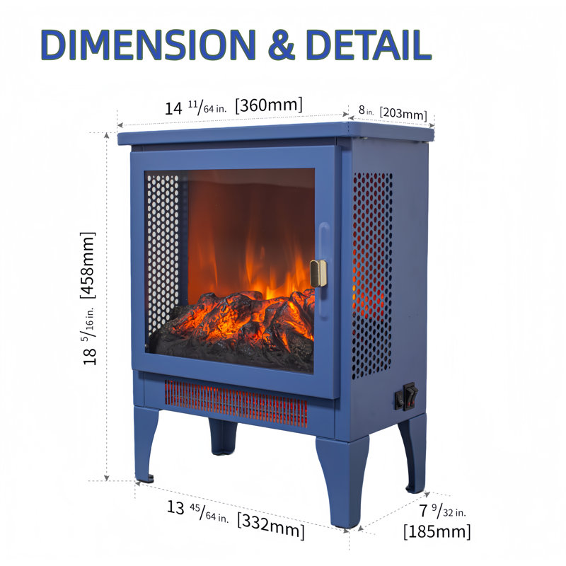 Poêle électrique autoportant avec effet de flamme 3D, Bleu, H 18 po x l 14 po x P 8 po