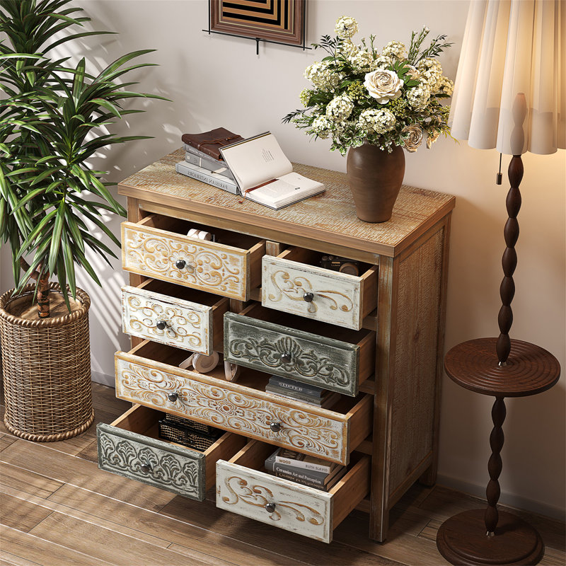 Commode d'appoint rétro en bois avec 6 tiroirs, commode de rangement rustique multicolore sculptée pour chambre à coucher, salon, décor de style campagnard (L 25,59 po x l 12,6 po x H 33,07 po)