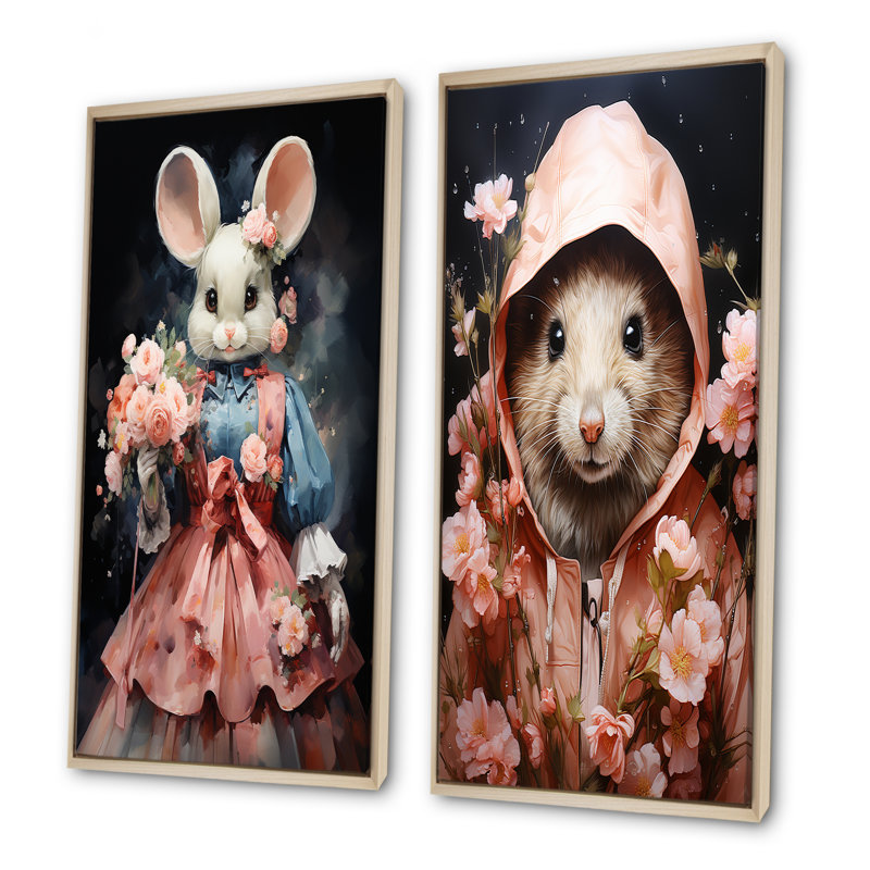 Souris élégante rococo, élégance en robe rose I - ensemble de 2 rongeurs sur toile, H 40 po x l 41 po, Cadre flottant brun