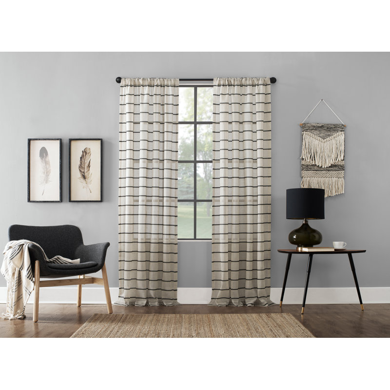 Clean Window Aso Twill Stripe Anti-Dust Linen Blend Sheer Curtain Panel, 52" W x 84" L, Black