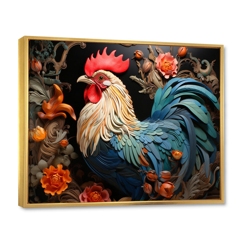 Coq bleu avec fleurs orange, H 24 po x l 32 po, Cadre flottant doré