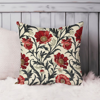 Floral William Morris Red Flowers & Botanical Plants Pillow Cover