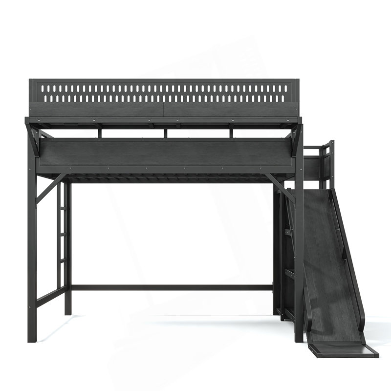 Grand lit mezzanine avec glissoire, tablettes de rangement et garde-robe intégrée, cadre de lit mezzanine en métal avec ports USB et lumières DEL, avec panneau perforé, sécuritaire et solide