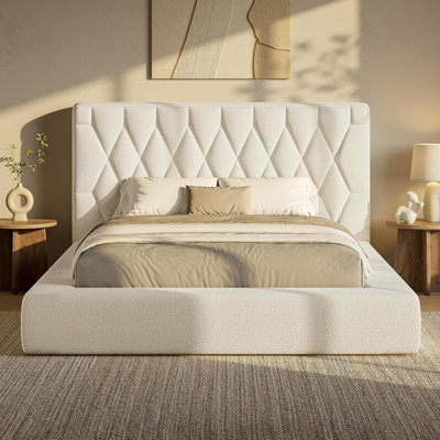 Structure de lit tapissier très grand avec tête de lit de 5,9 po, lit plateforme entièrement rembourré de 4,9 po, coins arrondis doux et silencieux pour la chambre principale / chambre d'amis, assemblage facile en 15 minutes, crème