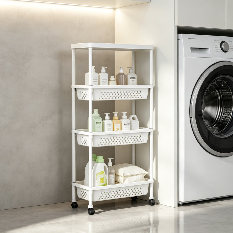 Chariot de rangement à roulettes étroit à 4 niveaux, organisateur de salle de bain pour les espaces réduits, hauteur optimisée, étagères ventilées à séchage rapide, montage facile par simple emboîtement, étagère utilitaire polyvalente pour la cuisine, la buanderie, le bureau et la chambre d'enfant, blanc