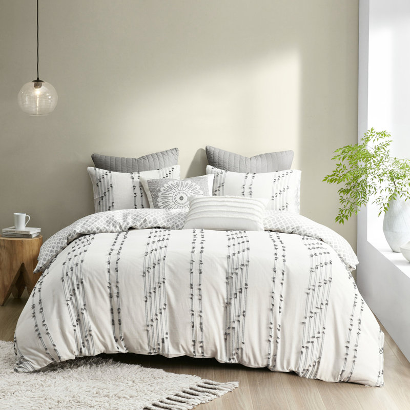 Housse de couette 100% coton double / grand - avec détails gris, fermeture à boutons, attaches intérieures, lavable, rayures approuvées, impression inversée, 2 taies décoratives assorties, -