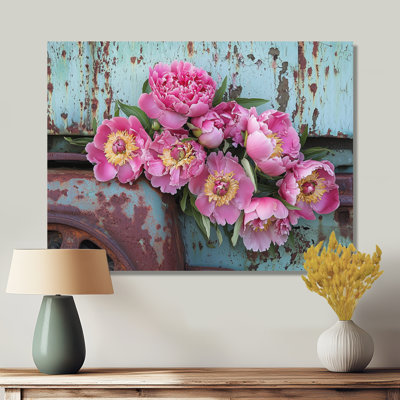 Pivoines par le vieux tracteur IV - reproduction d'art traditionnelle en métal, pivoines, art mural en métal