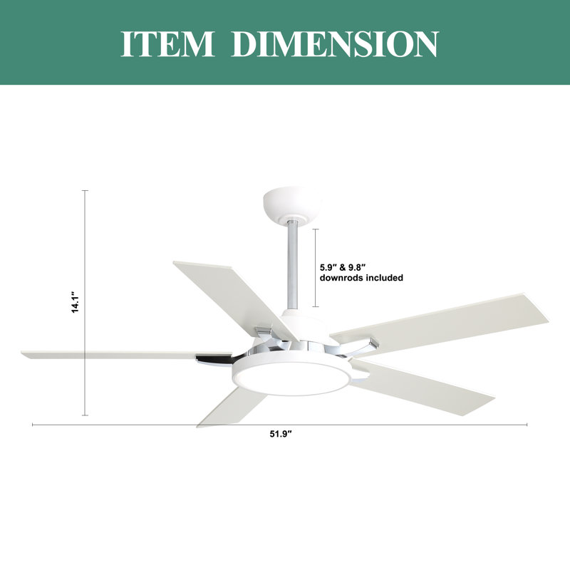 Ventilateur de plafond blanc moderne de 52 pouces avec lumière et télécommande, ventilateur de plafond silencieux à 6 vitesses pour chambre à coucher