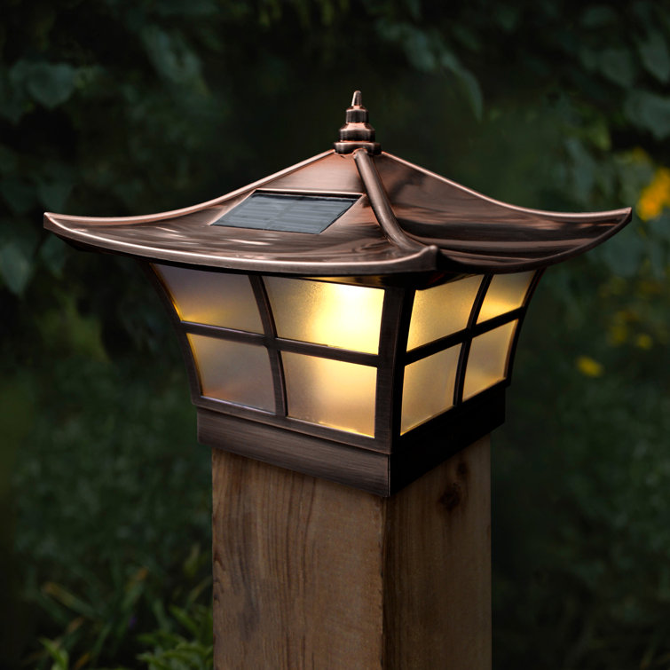 Solar Electroplated Copper Low Voltage Integrated LED Fence Post Cap Light  4 In. X 4 In. with Base Adapter Included