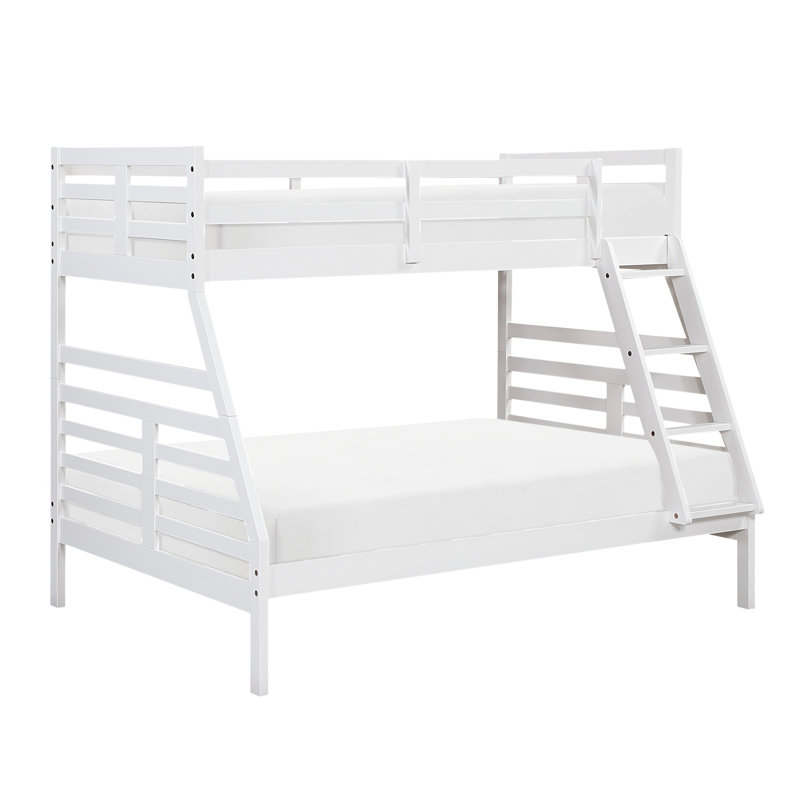 Lit superposé classique au-dessus d'un lit double au fini blanc, structure en bois massif, garde-corps, lit à finition supérieure, fait de bois, et idéal pour les jeunes