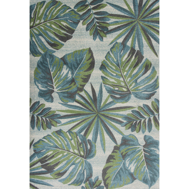 Rymer 5' x 8' Beige Teal and Green Tropical Botanical Leaves Area Rug, Rectangle 7'10" x 10'10"