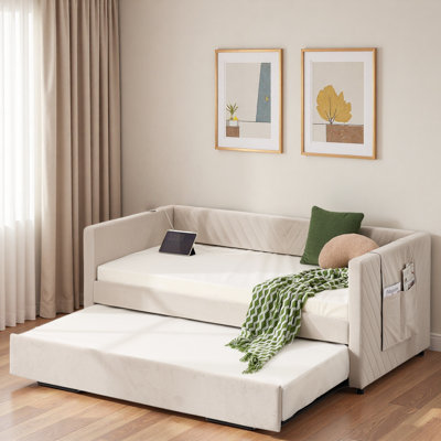 Upholstered Daybed With Trundle, Usb Port And Side Pockets