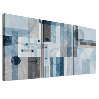 Ensemble de 3 toiles murales représentant des formes géométriques abstraites bleues et grises