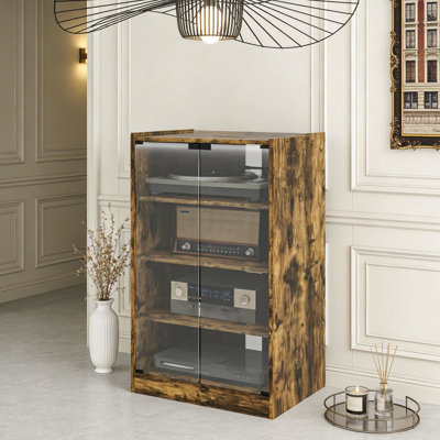 Media Storage Cabinet With Adjustable Shelves, Tempered Glass, Cable Management And Rustic Brown Finish Audio Build, Push - To Open Glass Doors Shelves