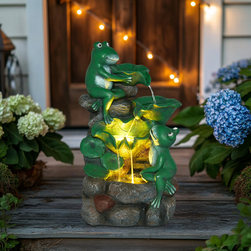 19.88"H Resin LED Fountain With Frogs Statue