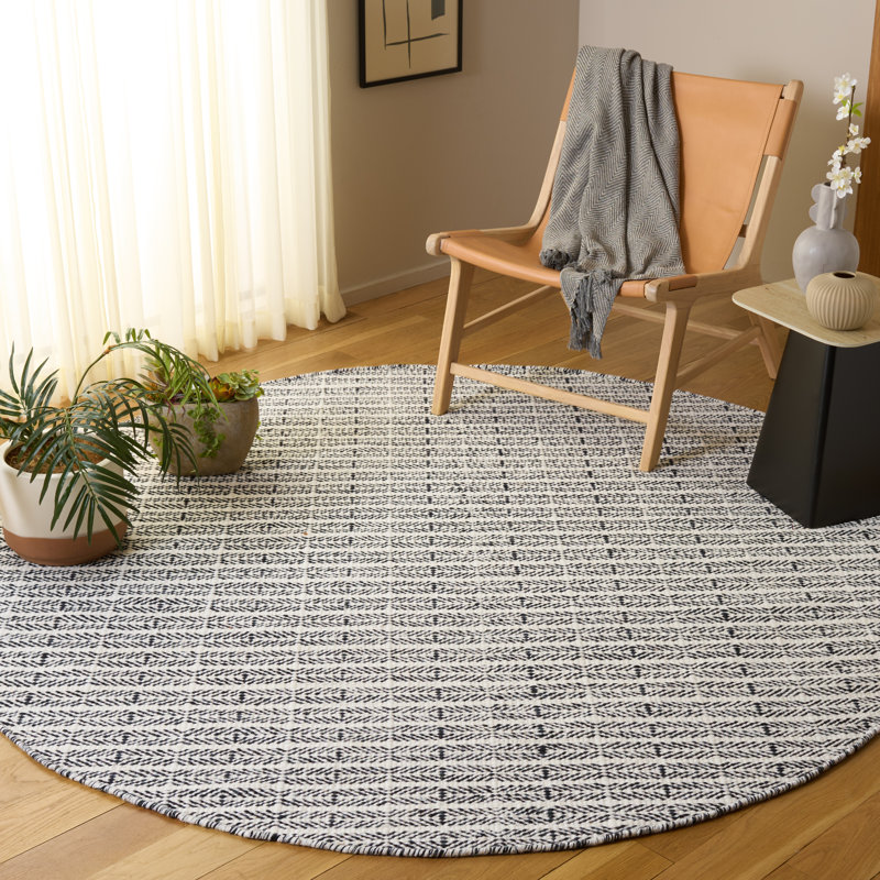 Abbie-Louise Hand Tufted Wool/Cotton Striped Rug in Black/Ivory, Round 7'