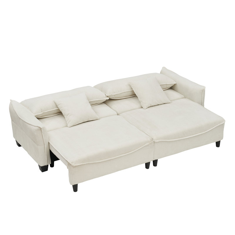 Aurora Corduroy Convertible Sofa Bed With 2 Pillows - Easy-Clean Fabric In Multiple Colors, White/Beige