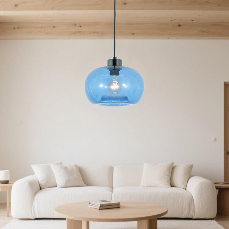 Luminaire suspendu moderne en verre bullé bleu simple | Store à bulles fabriqué à la main | Douille E26 (ampoule non incluse)