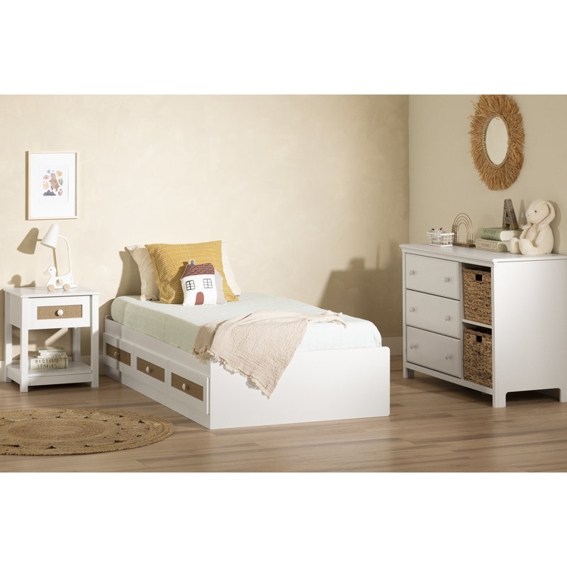 White Twin Platform Bed with Faux Rattan Drawers