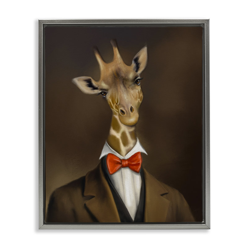 Cadre flottant Gentleman Giraffe Bowtie, design par Matthew Piotrowicz, Cadre flottant gris lustré, H 21 po x l 17 po