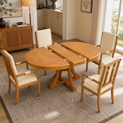Five-piece kitchen dining table set, suitable for four people, includes a round dining table with folding and transformation, and four solid wood chai