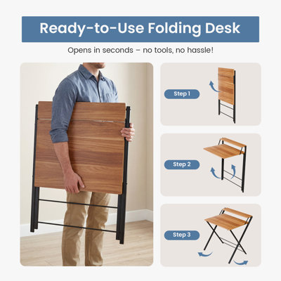 28" Rectangular Folding Desk, No Assembly Required Space-Saving Computer Desk for Small Spaces, Portable Writing Study Table,Brown