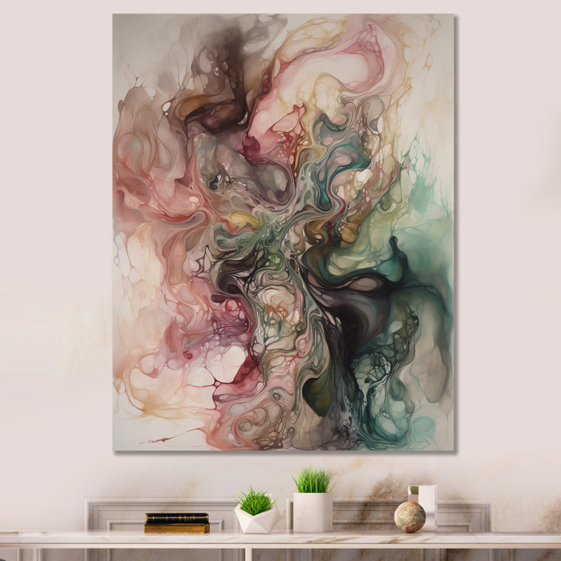 Rose, vert, monde intérieur de marbre I - art mural abstrait géométrique, H 44 po x l 34 po x P 1,5 po, Toile tendue
