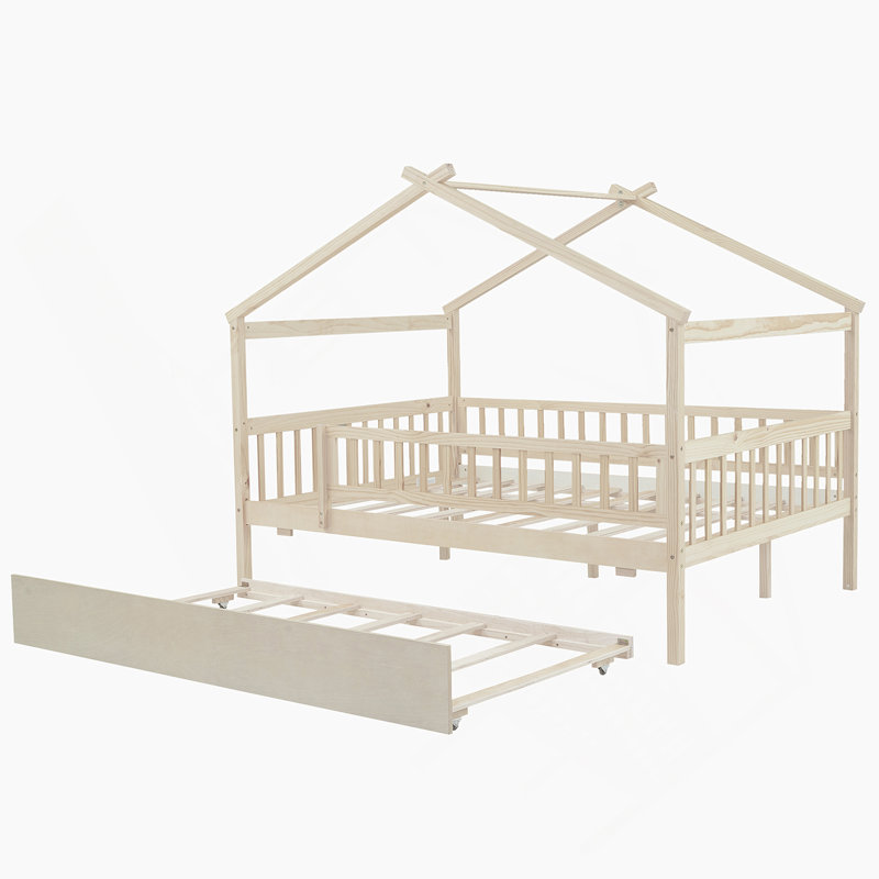 Lit double en bois avec lit gigogne simple, Naturel