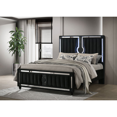 Sebring Velvet Upholstered Queen LED Panel Bed Black